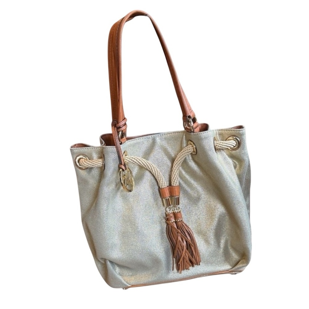 Elegant Gold and Tan Tote Bag MK Michael Kors signature purse handbag golden